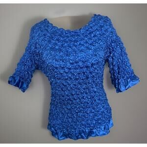 Vtg F C Royal Crinkle Pleated Stretch Top 3/4 Sleeve One Size Fits Boho Chic
